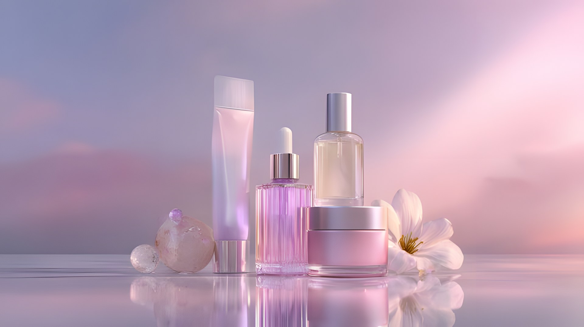 Gamme de soins Laura Cosmetics aux teintes rosées sur surface brillante